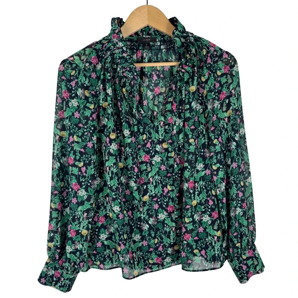 J.Crew Floral Smocked Ruffle Neck Chiffon Lined Blouse Womens M Navy Blue